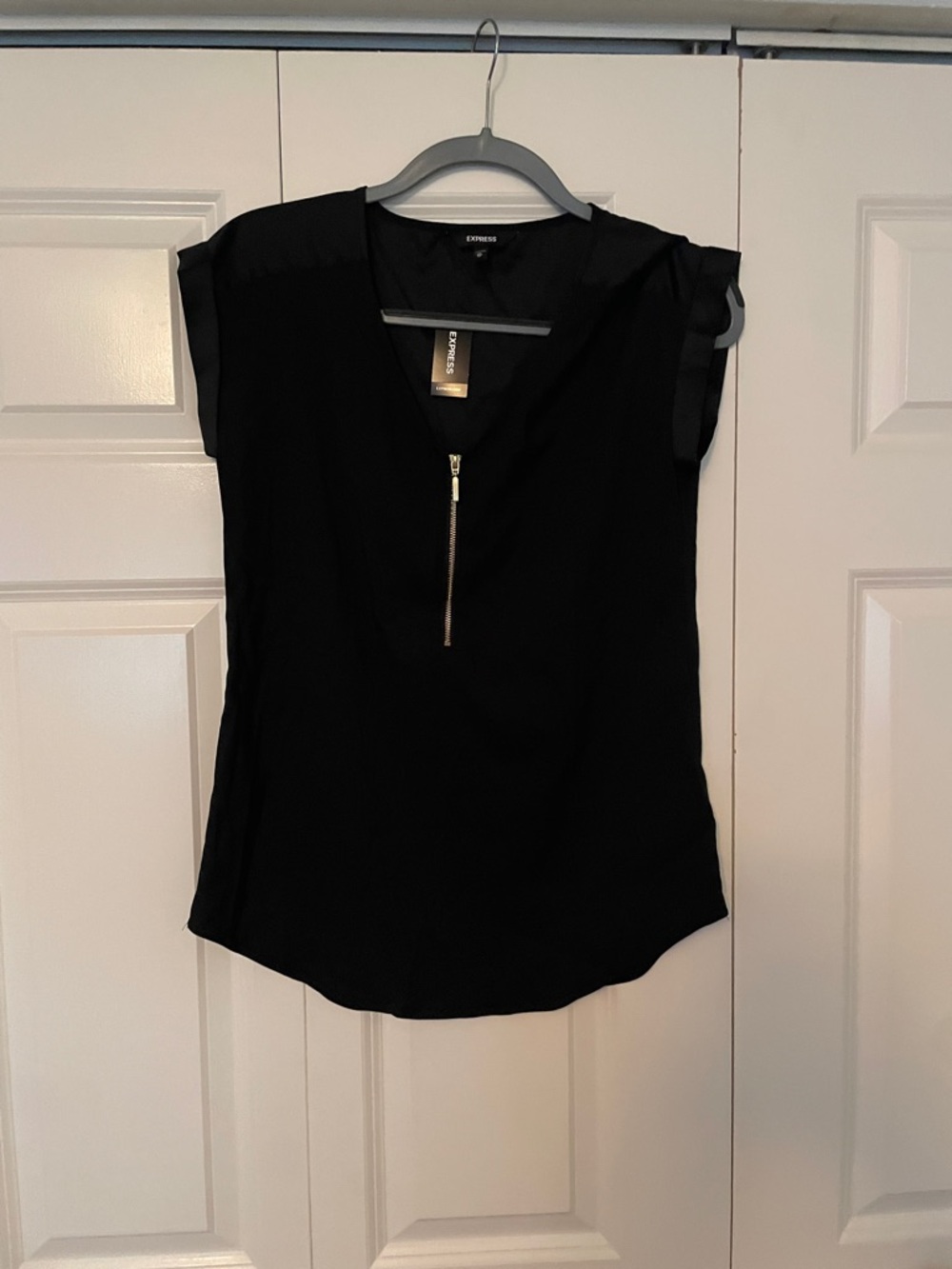 Express Black Zip-Placket Cap Sleeve Blouse